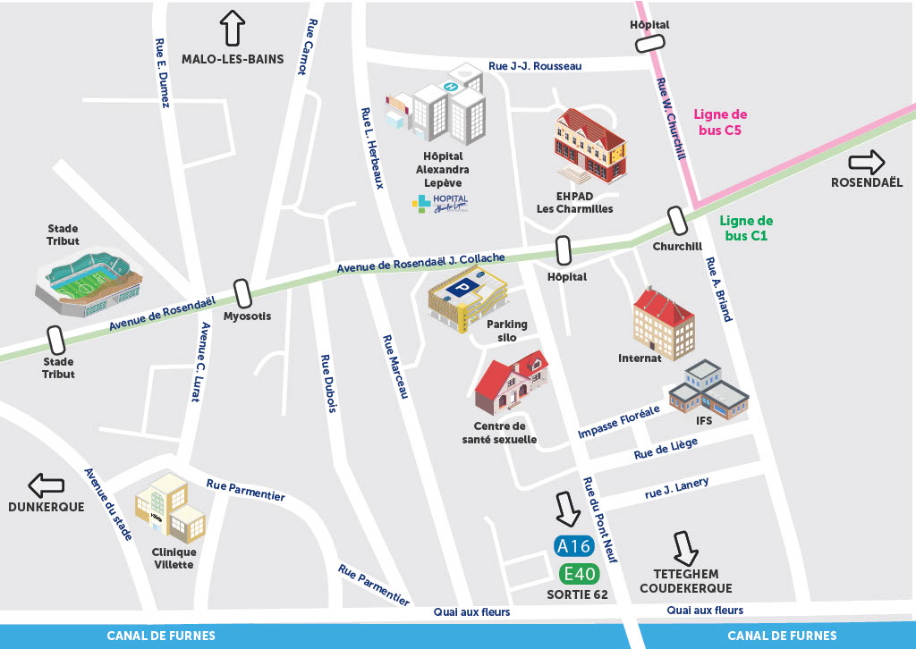 Plan d'accès - carte des alentours de l'Hôpital Alexandra Lepève